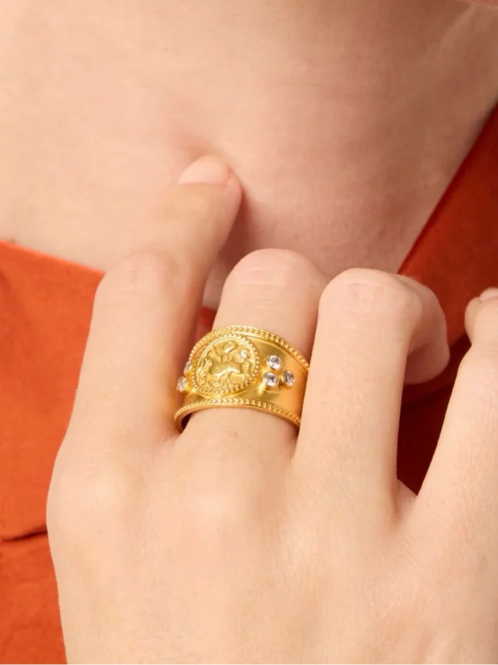 NWOT one size Julie Vos Gold Coin Accent Ring with Crystal Stones